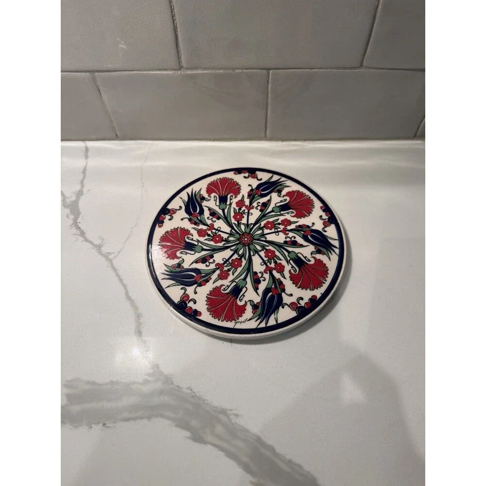 Turkish Ceramic Trivet Hot Pad Red Tulip Floral Design 6.25